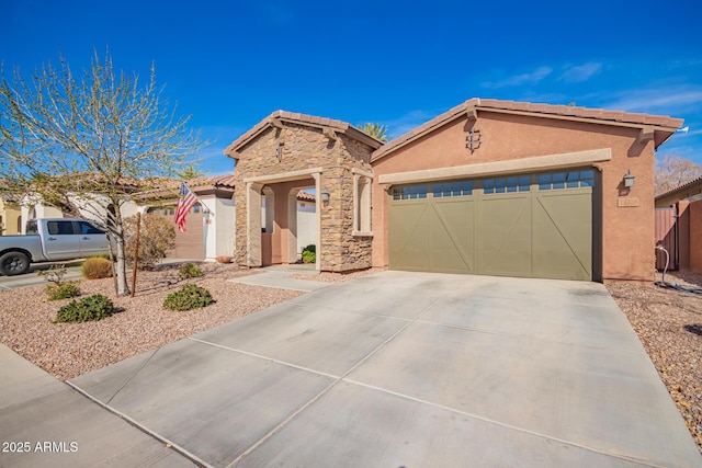 single story home with stone siding, an attached garage, driveway, and stucco siding