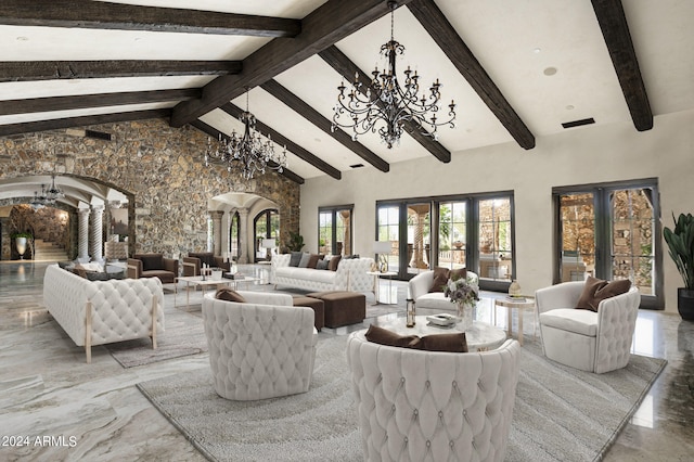 living room featuring high vaulted ceiling, a notable chandelier, beam ceiling, and french doors