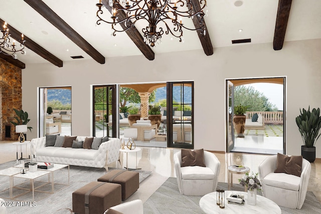 living room with plenty of natural light, an inviting chandelier, and vaulted ceiling with beams