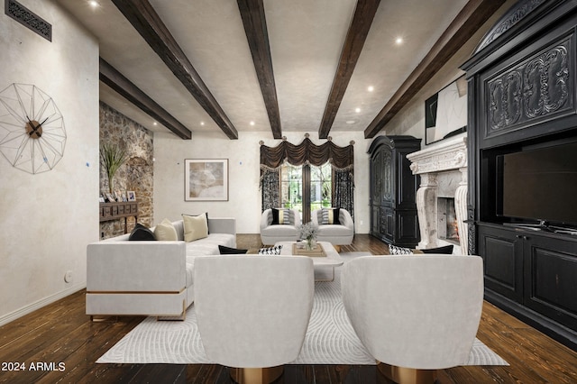 living room with dark wood-type flooring, a high end fireplace, and beamed ceiling