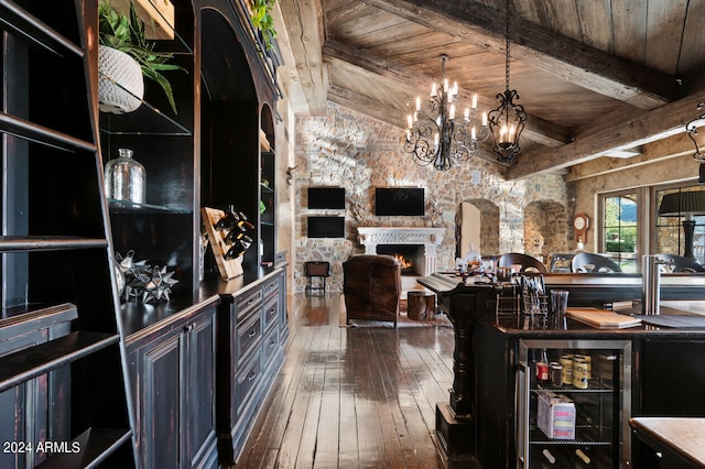 interior space with wood ceiling, dark hardwood / wood-style floors, lofted ceiling with beams, and a fireplace