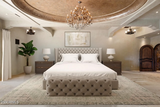 bedroom featuring a raised ceiling, coffered ceiling, an inviting chandelier, and beam ceiling