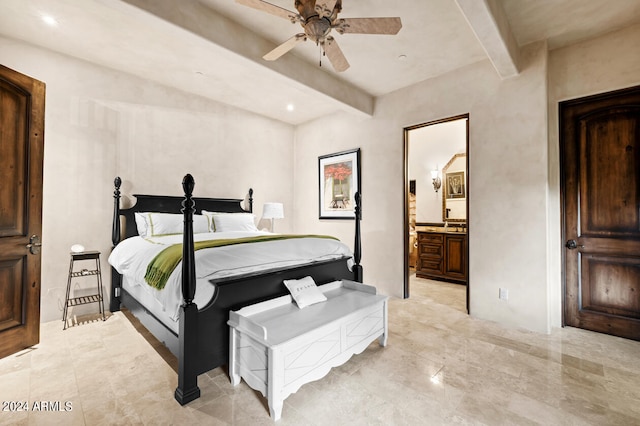 bedroom featuring connected bathroom, beam ceiling, and ceiling fan