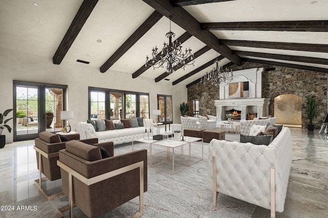 living room with plenty of natural light, a large fireplace, a chandelier, and beam ceiling