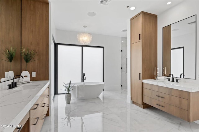 bathroom featuring tile floors, separate shower and tub, vanity, and a chandelier