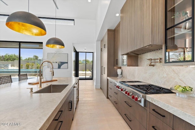 kitchen with appliances with stainless steel finishes, premium range hood, decorative light fixtures, backsplash, and sink