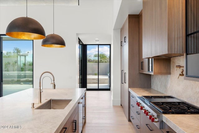 kitchen featuring light wood-type flooring, backsplash, hanging light fixtures, sink, and appliances with stainless steel finishes