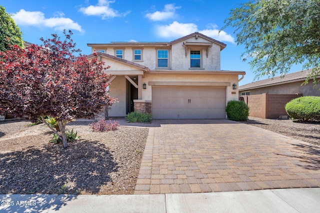 242 N Crosscreek Dr, Chandler, AZ 85225 - traditional-style home with stucco siding, decorative driveway, a garage, and stone siding