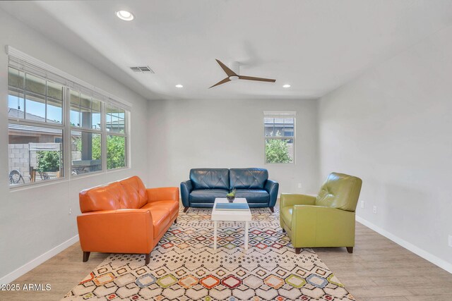 242 N Crosscreek Dr, Chandler, AZ 85225 - living room with light wood-style floors, baseboards, recessed lighting, and ceiling fan