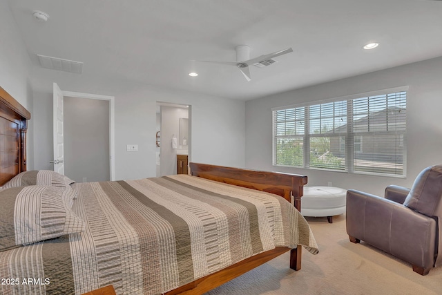 242 N Crosscreek Dr, Chandler, AZ 85225 - bedroom featuring recessed lighting, a ceiling fan, light carpet, and ensuite bath