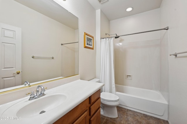 bathroom featuring recessed lighting, toilet, shower / tub combo, vanity, and tile patterned flooring