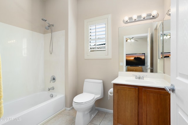 full bathroom featuring toilet, ceiling fan, shower / tub combination, vanity, and tile patterned flooring