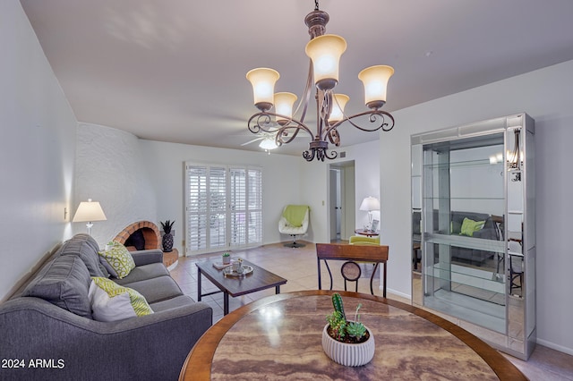 tiled living room with an inviting chandelier