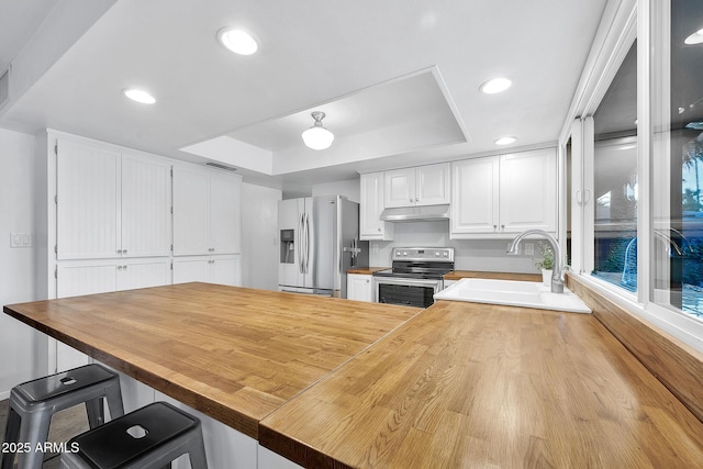 kitchen with stainless steel appliances, a raised ceiling, white cabinets, and kitchen peninsula