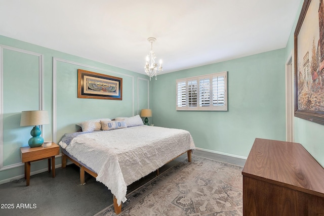 bedroom with a notable chandelier