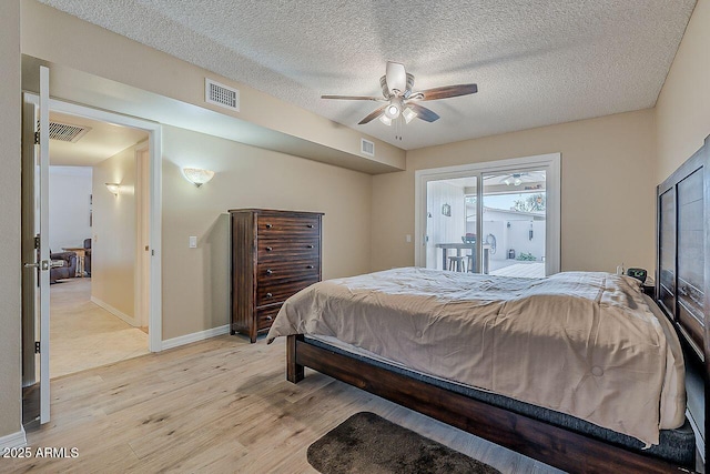 bedroom with access to outside, light wood-style flooring, and visible vents