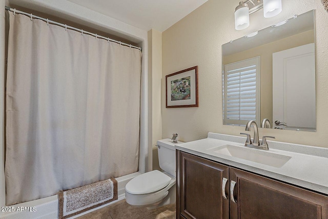 full bath with vanity, shower / bathtub combination with curtain, tile patterned flooring, and toilet