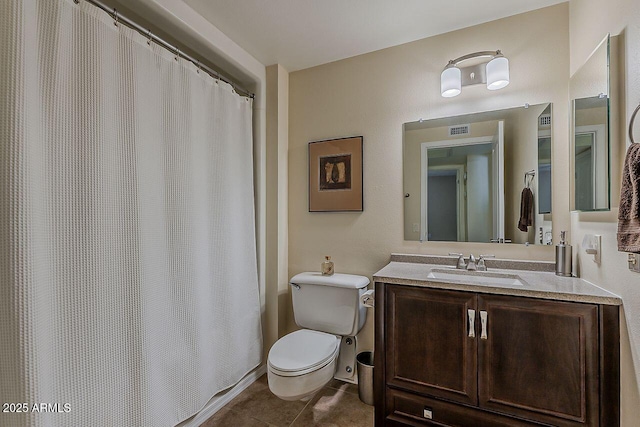 bathroom featuring vanity, toilet, tile patterned floors, a shower with shower curtain, and visible vents