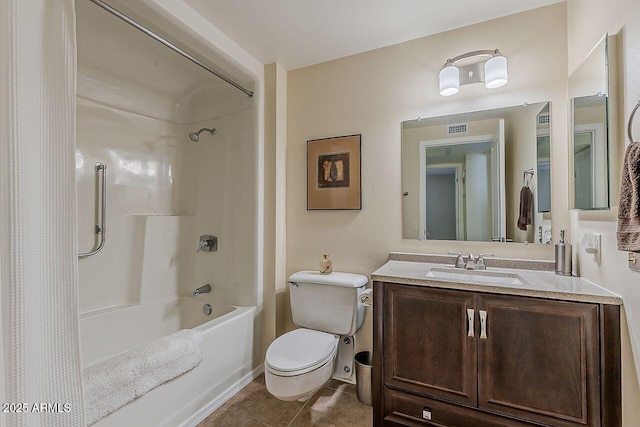 full bathroom featuring visible vents, tile patterned floors, vanity, toilet, and shower / tub combo with curtain