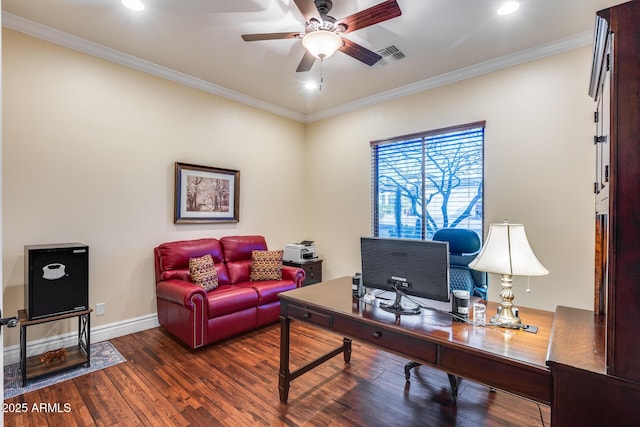 office space with crown molding, dark hardwood / wood-style floors, and ceiling fan