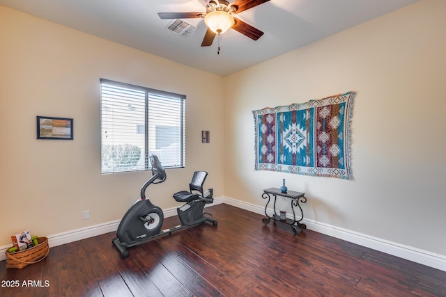 exercise area featuring hardwood / wood-style floors and ceiling fan