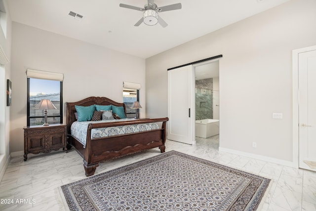 bedroom with marble finish floor, visible vents, and baseboards