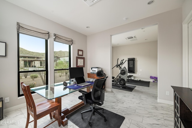 office area featuring recessed lighting, marble finish floor, visible vents, and baseboards