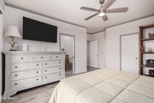 bedroom with ornamental molding, ensuite bathroom, ceiling fan, and light hardwood / wood-style flooring