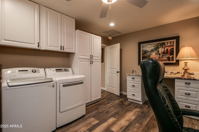 clothes washing area with cabinets, ceiling fan, dark hardwood / wood-style floors, and washer and clothes dryer