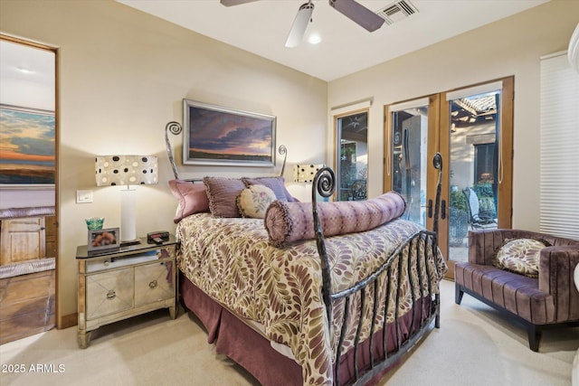 7846 E Wilderness Trl, Gold Canyon, AZ 85118 - bedroom featuring french doors, access to exterior, light carpet, and a ceiling fan