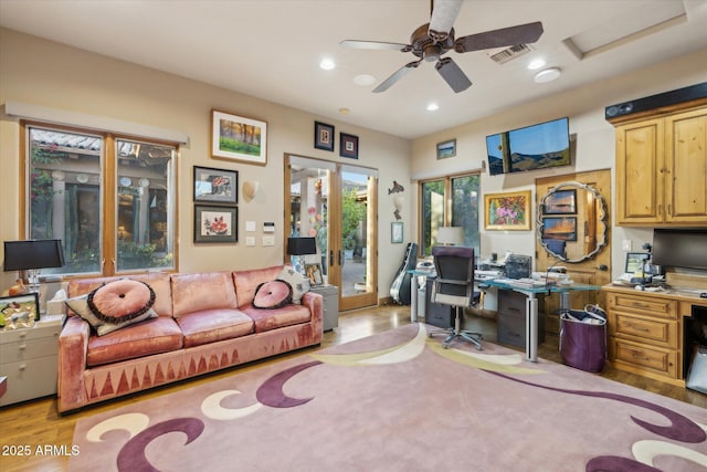 7846 E Wilderness Trl, Gold Canyon, AZ 85118 - office featuring french doors, ceiling fan, wood finished floors, and recessed lighting