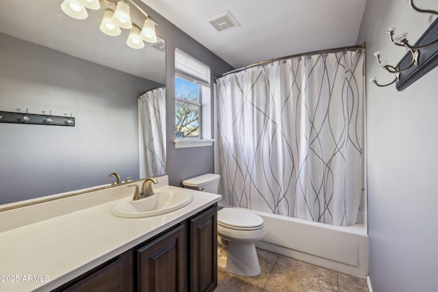 full bath with tile patterned floors, visible vents, toilet, shower / bath combo, and vanity