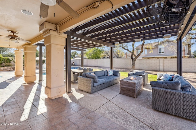 view of patio featuring a fenced in pool, an outdoor living space with a fire pit, ceiling fan, a fenced backyard, and a pergola