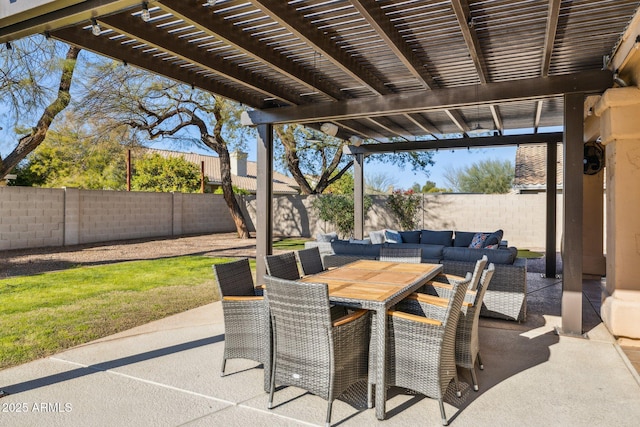 view of patio featuring outdoor dining area, a fenced backyard, a pergola, and an outdoor hangout area