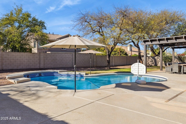 view of swimming pool with a fenced in pool, a patio, a pergola, and a fenced backyard