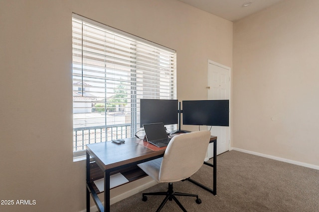 office space featuring carpet floors and baseboards