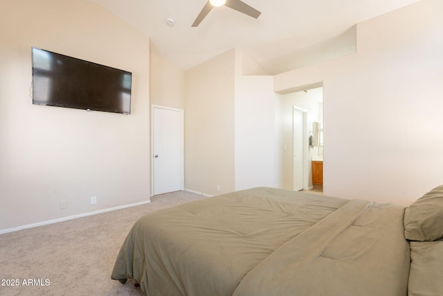 carpeted bedroom with baseboards, lofted ceiling, and ceiling fan