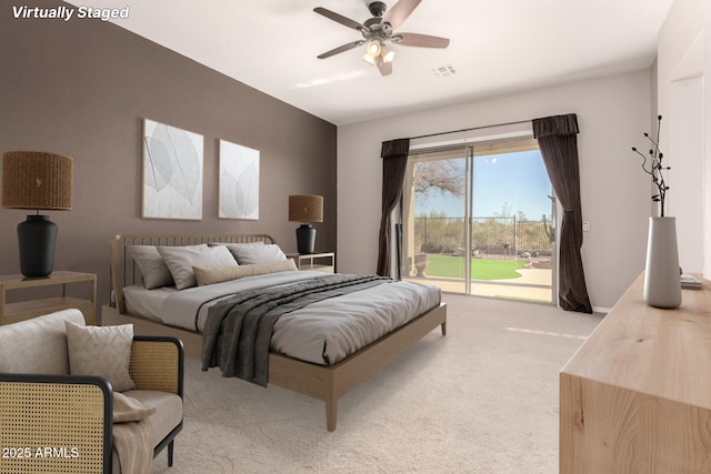 bedroom with carpet, access to outside, and ceiling fan