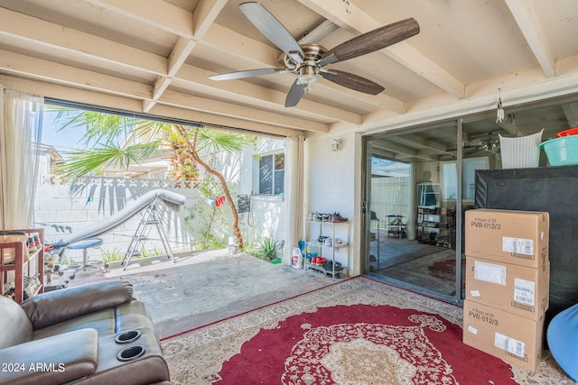 interior space featuring ceiling fan