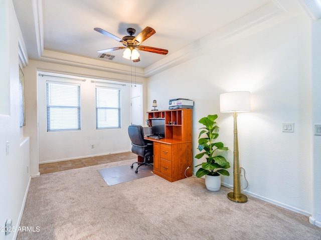 19403 E Arrowhead Trl, Queen Creek, AZ 85142 - office with a tray ceiling, ceiling fan, carpet flooring, and baseboards