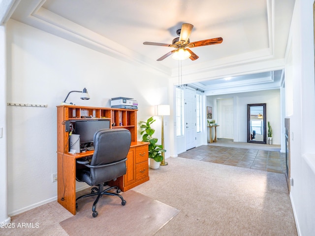 19403 E Arrowhead Trl, Queen Creek, AZ 85142 - office space with carpet, a tray ceiling, a ceiling fan, and baseboards