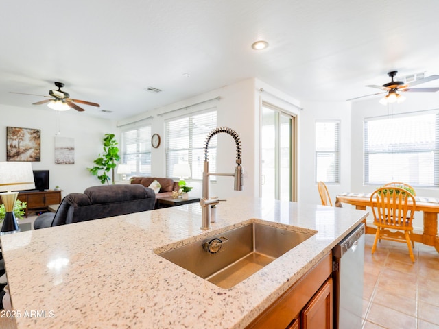 19403 E Arrowhead Trl, Queen Creek, AZ 85142 - kitchen with a sink, stainless steel dishwasher, ceiling fan, open floor plan, and recessed lighting