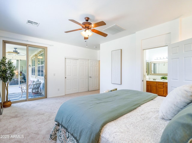 19403 E Arrowhead Trl, Queen Creek, AZ 85142 - bedroom featuring access to outside, light colored carpet, connected bathroom, and a ceiling fan