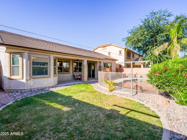 19403 E Arrowhead Trl, Queen Creek, AZ 85142 - rear view of house with a tiled roof, a patio, ceiling fan, and stucco siding