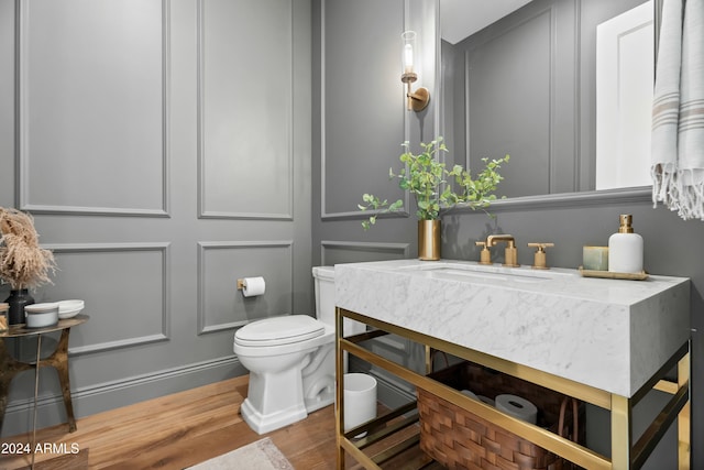 bathroom with vanity, wood-type flooring, and toilet