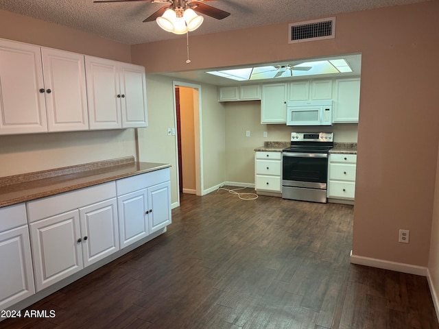 kitchen featuring white cabinets, stainless steel range with electric cooktop, and dark wood-type flooring