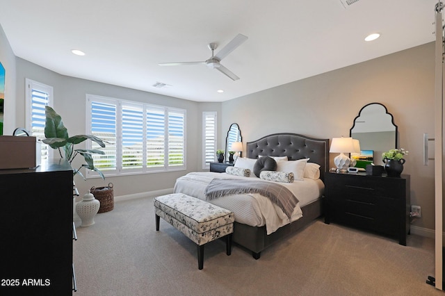 carpeted bedroom with ceiling fan, baseboards, and recessed lighting