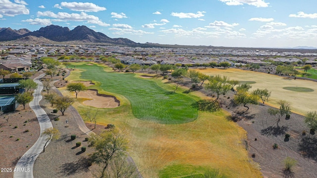 bird's eye view featuring view of golf course, a residential view, and a mountain view