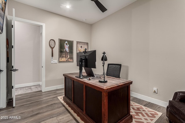 11385 N Luckenbach St, Surprise, AZ 85388 - home office with ceiling fan, wood finished floors, baseboards, and recessed lighting