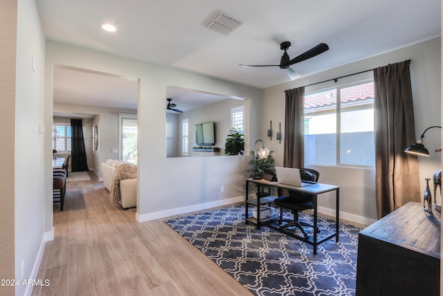 office area featuring ceiling fan and wood-type flooring